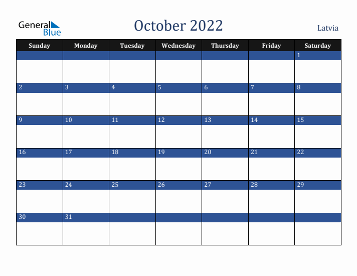 October 2022 Latvia Calendar (Sunday Start)