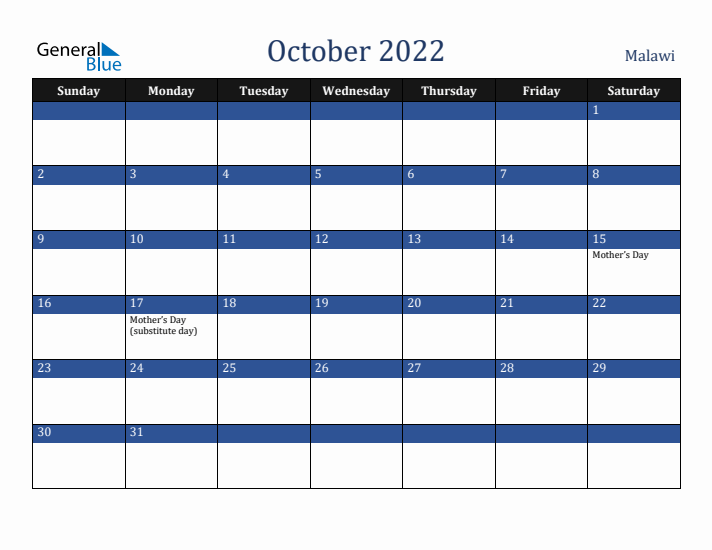 October 2022 Malawi Calendar (Sunday Start)