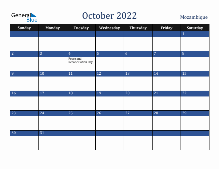 October 2022 Mozambique Calendar (Sunday Start)