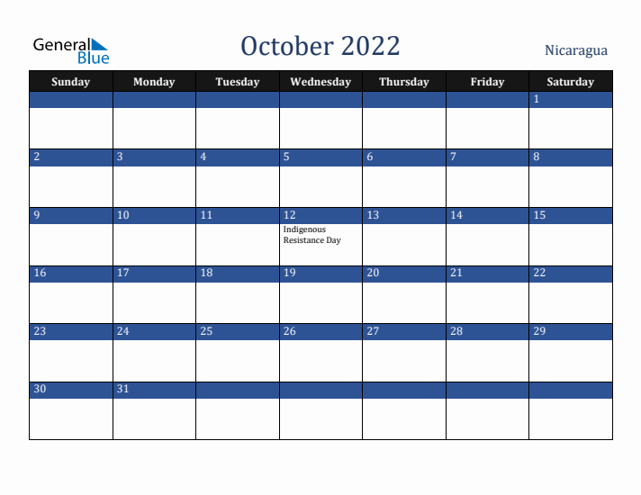 October 2022 Nicaragua Calendar (Sunday Start)