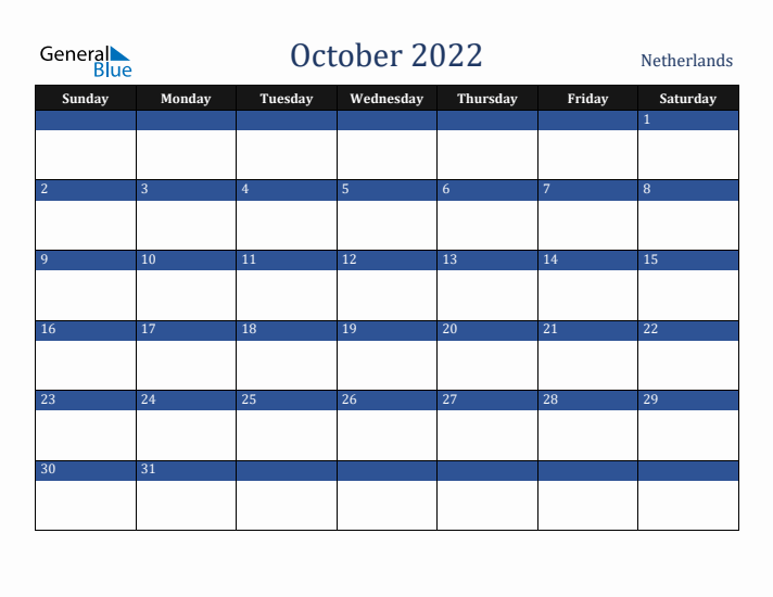 October 2022 The Netherlands Calendar (Sunday Start)