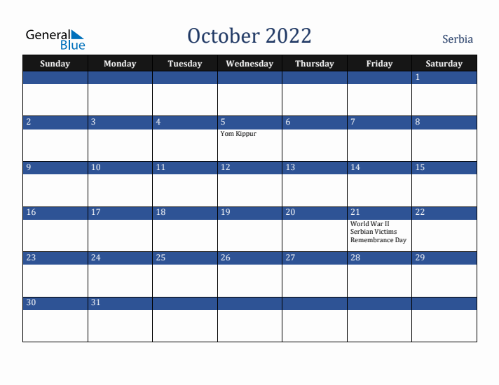 October 2022 Serbia Calendar (Sunday Start)