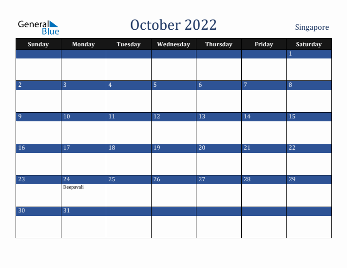 October 2022 Singapore Calendar (Sunday Start)