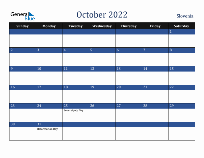 October 2022 Slovenia Calendar (Sunday Start)