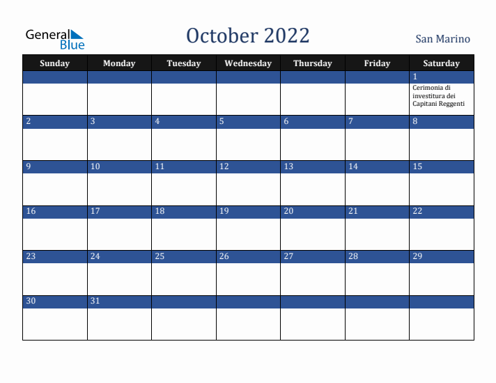 October 2022 San Marino Calendar (Sunday Start)
