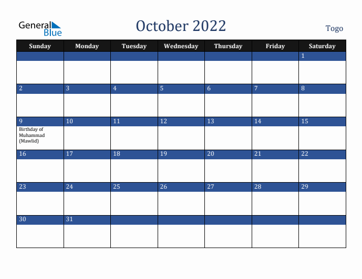 October 2022 Togo Calendar (Sunday Start)
