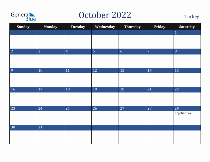 October 2022 Turkey Calendar (Sunday Start)