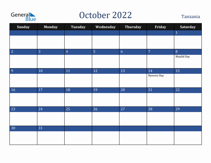 October 2022 Tanzania Calendar (Sunday Start)