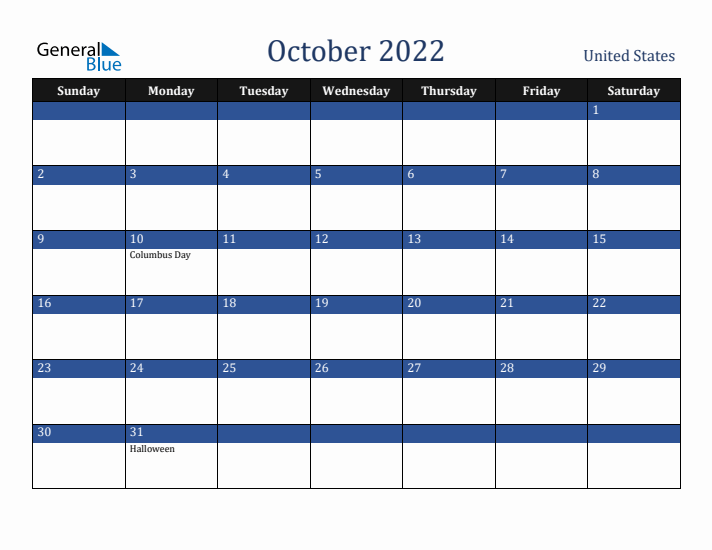 October 2022 United States Calendar (Sunday Start)