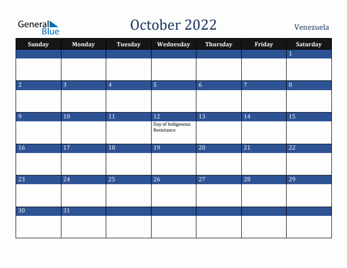 October 2022 Venezuela Calendar (Sunday Start)
