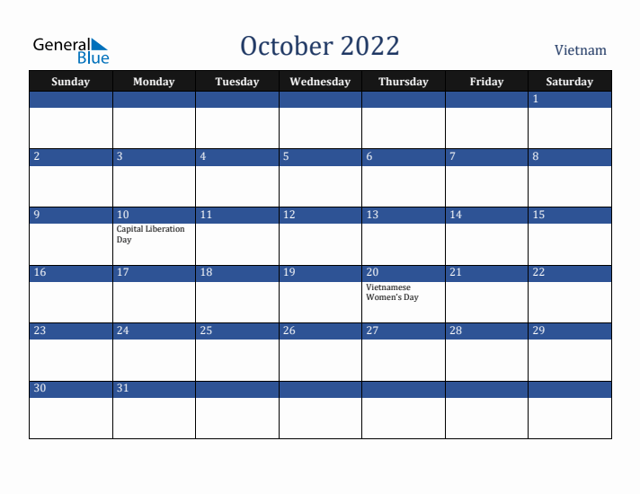 October 2022 Vietnam Calendar (Sunday Start)