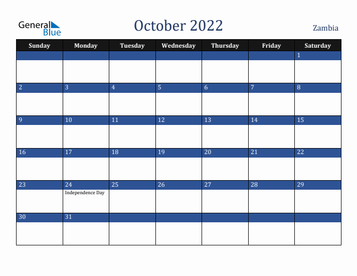 October 2022 Zambia Calendar (Sunday Start)