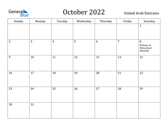 October 2022 Calendar United Arab Emirates