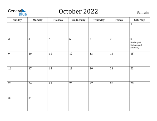 bahrain october 2022 calendar with holidays