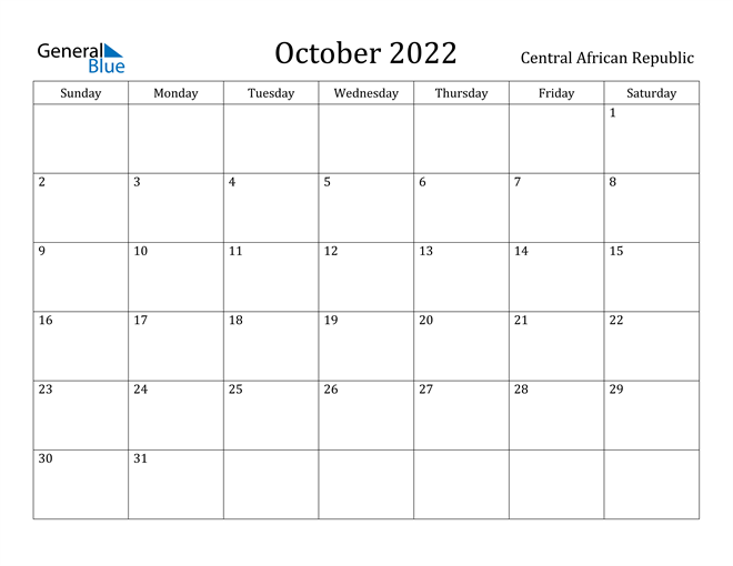 October 2022 Calendar Central African Republic