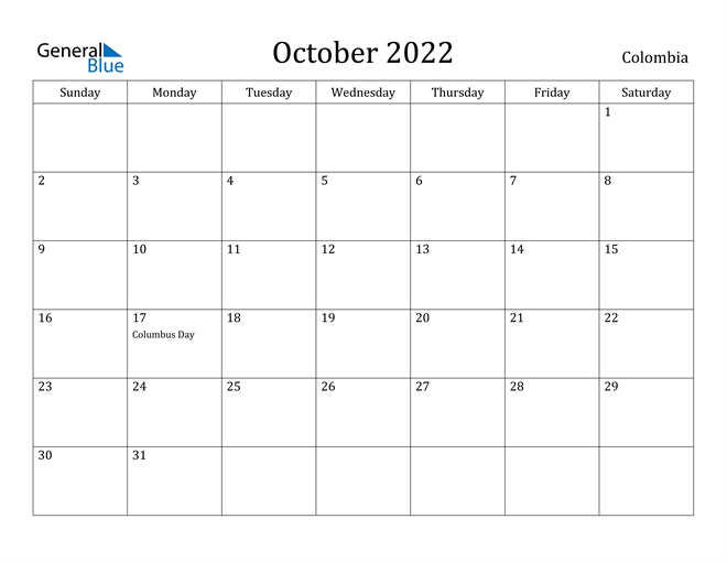 October 2022 Calendar Columbus Day Colombia October 2022 Calendar With Holidays