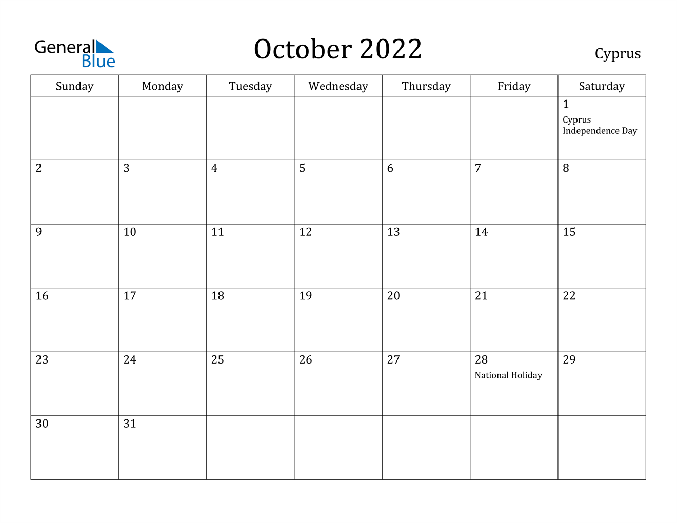 october 2022 calendar cyprus