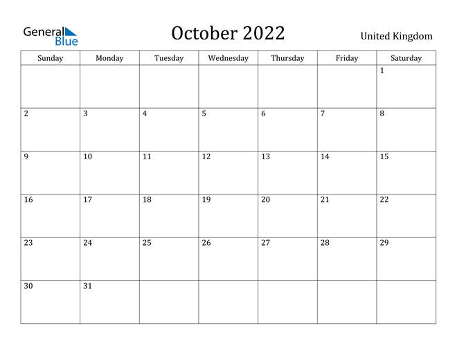 United Kingdom October 2022 Calendar With Holidays