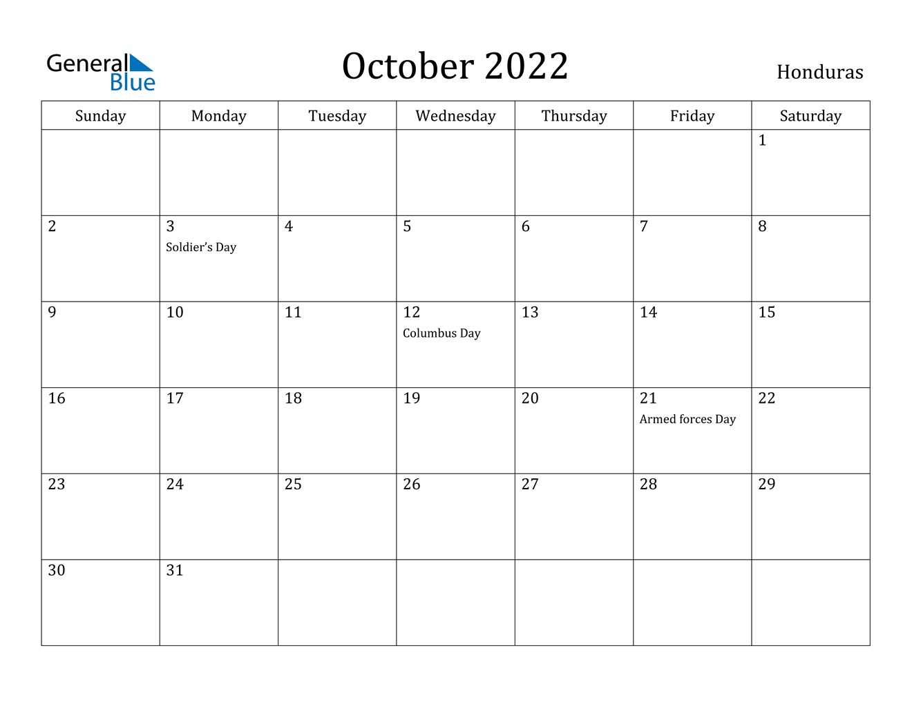 october 2022 calendar honduras