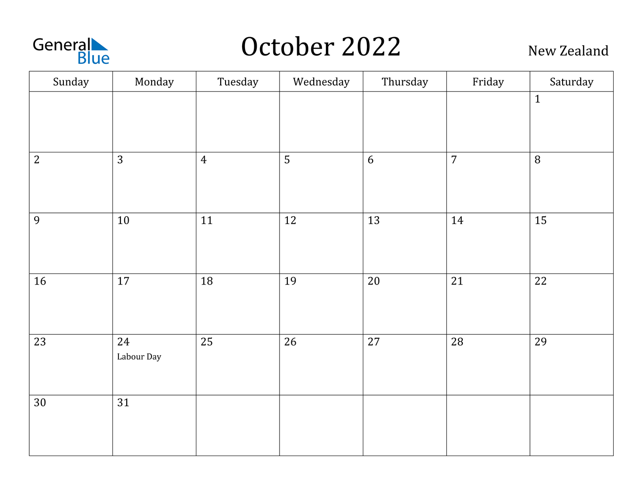 October 2022 Calendar - New Zealand