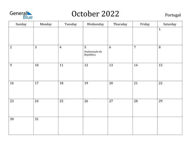 October 2022 Calendar Portugal