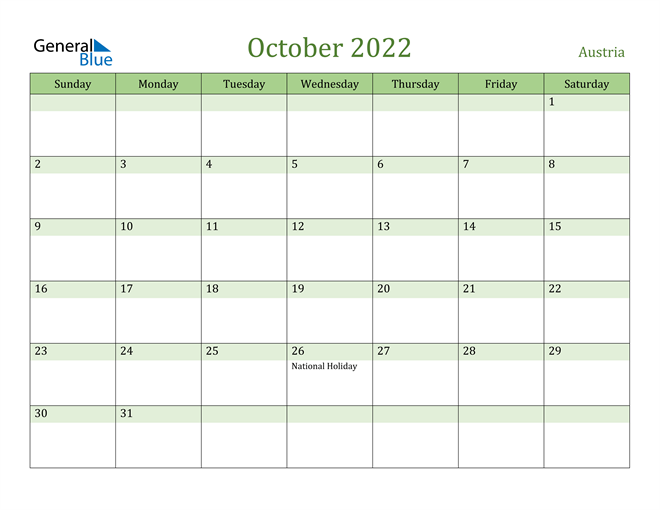 October 2022 Calendar with Austria Holidays