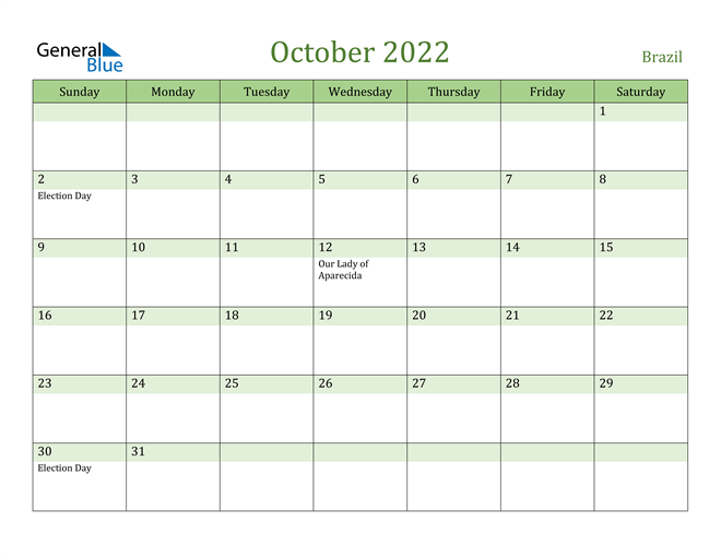 October 2022 Calendar with Brazil Holidays