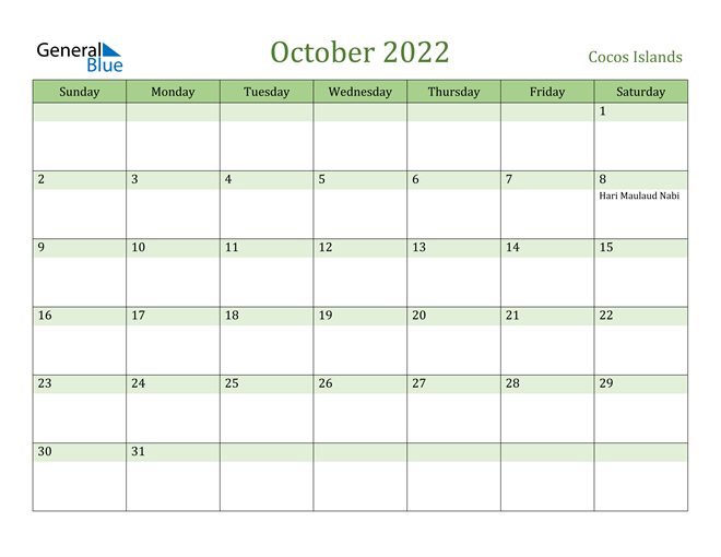 October 2022 Calendar with Cocos Islands Holidays