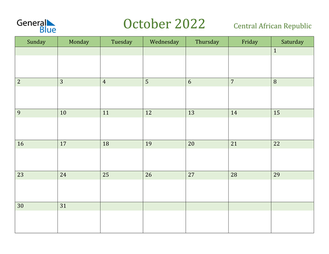 October 2022 Calendar with Central African Republic Holidays
