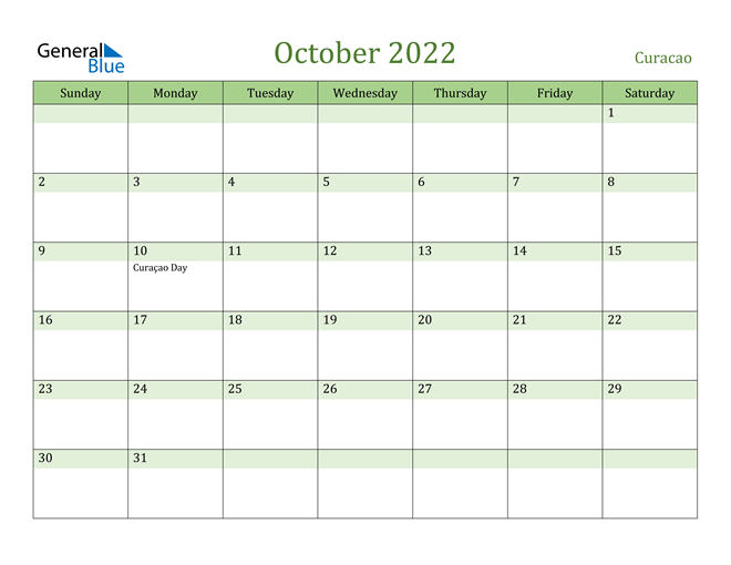 October 2022 Calendar with Curacao Holidays