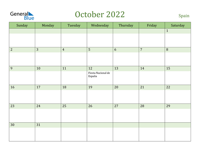 October 2022 Calendar with Spain Holidays