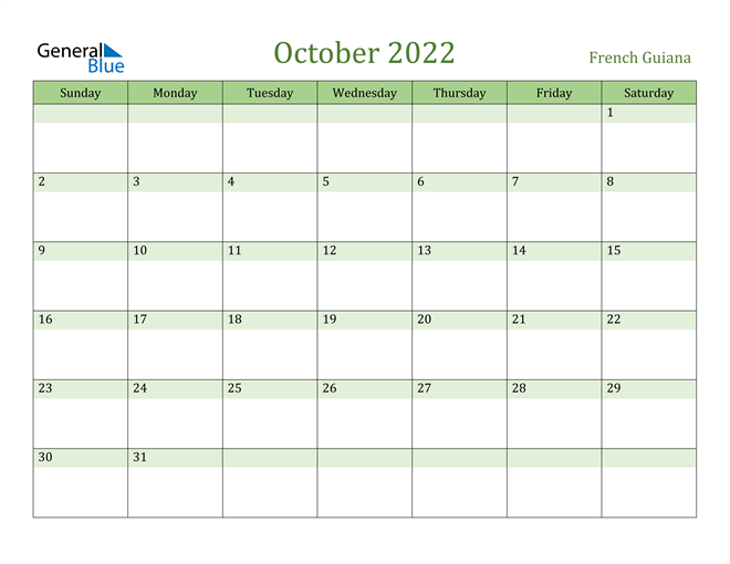 October 2022 Calendar with French Guiana Holidays