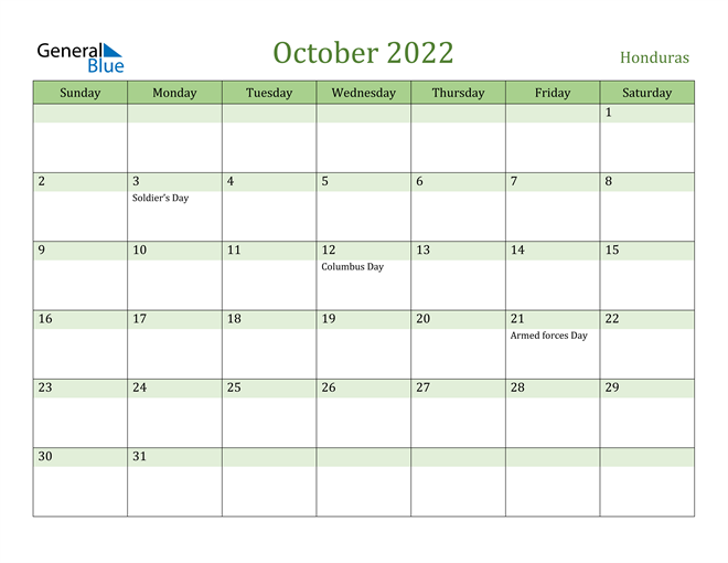 October 2022 Calendar with Honduras Holidays