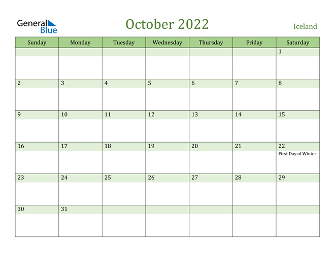 October 2022 Calendar with Iceland Holidays