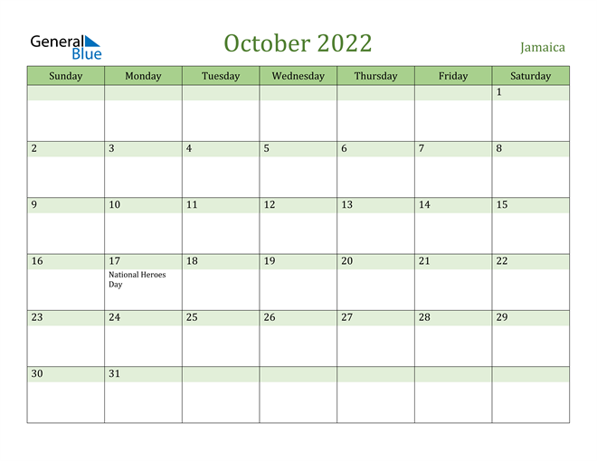 October 2022 Calendar with Jamaica Holidays