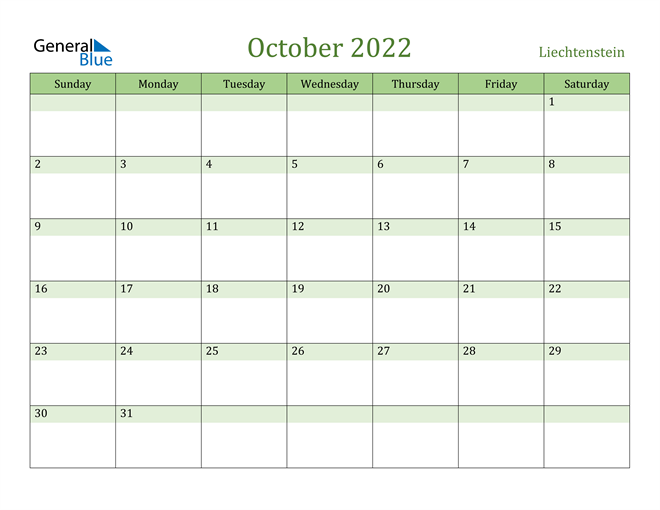 October 2022 Calendar with Liechtenstein Holidays