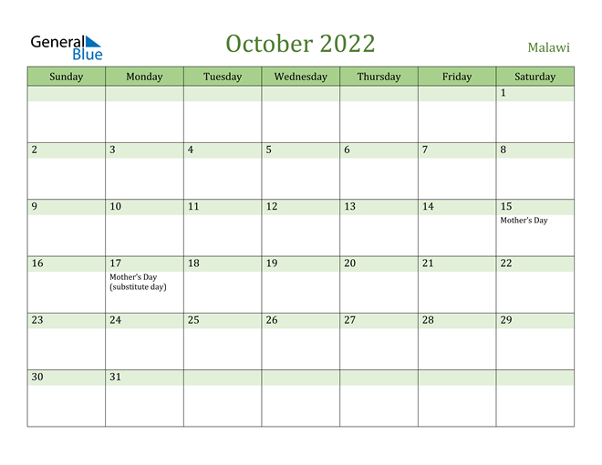 October 2022 Calendar with Malawi Holidays
