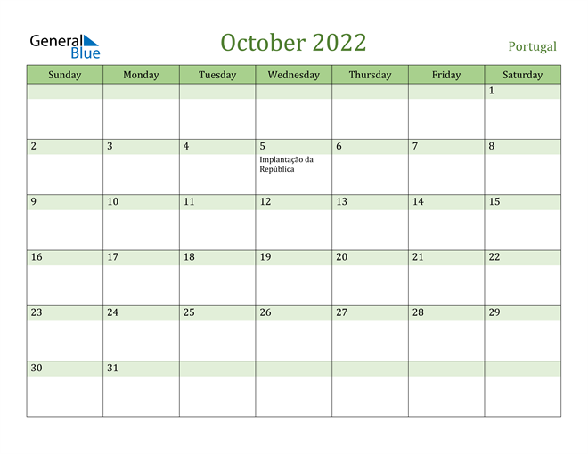 October 2022 Calendar with Portugal Holidays