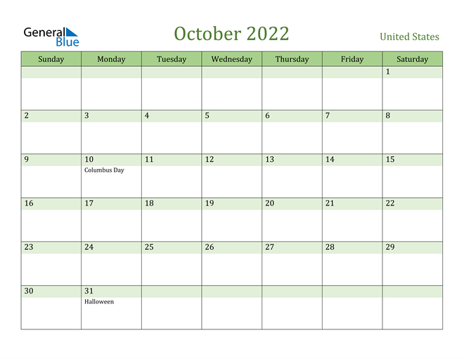 October 2022 Calendar with United States Holidays