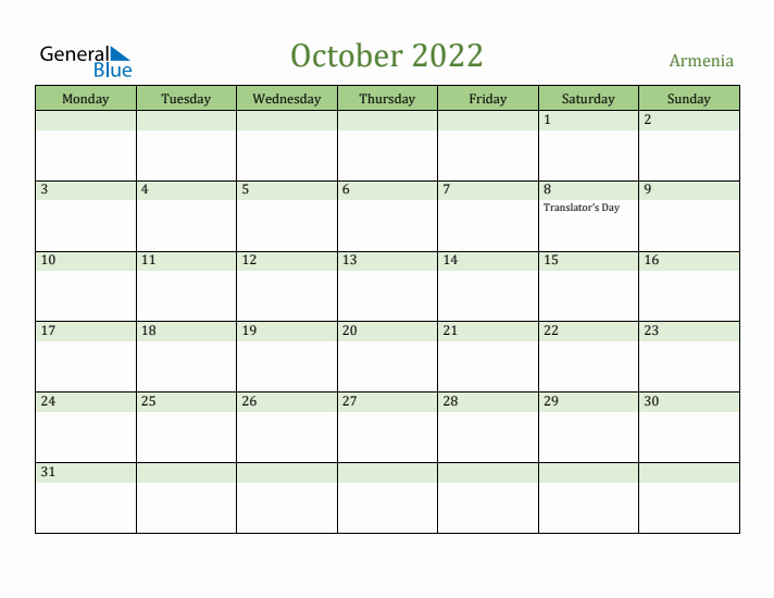 October 2022 Calendar with Armenia Holidays