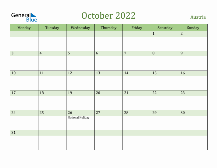 October 2022 Calendar with Austria Holidays