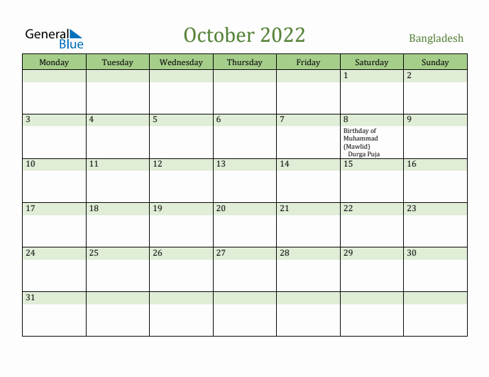 October 2022 Calendar with Bangladesh Holidays