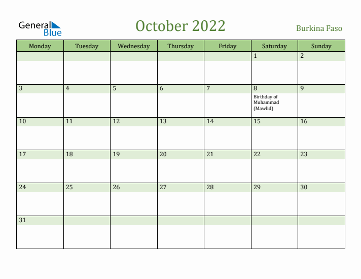 October 2022 Calendar with Burkina Faso Holidays