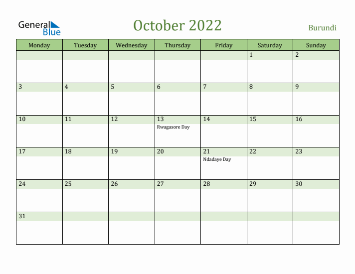 October 2022 Calendar with Burundi Holidays