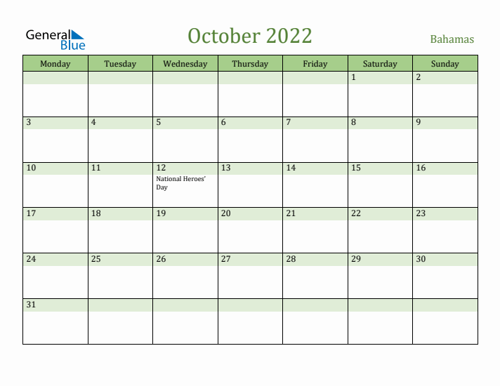 October 2022 Calendar with Bahamas Holidays