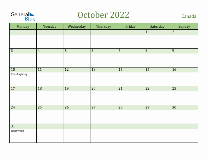 October 2022 Calendar with Canada Holidays