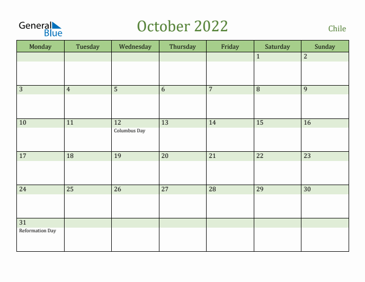 October 2022 Calendar with Chile Holidays