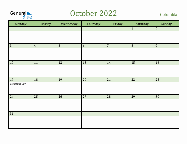 October 2022 Calendar with Colombia Holidays