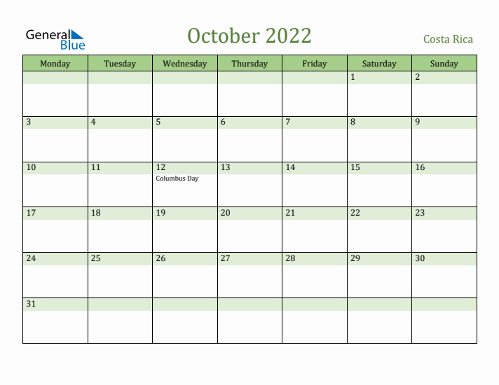 October 2022 Calendar with Costa Rica Holidays