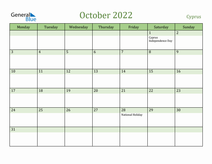 October 2022 Calendar with Cyprus Holidays
